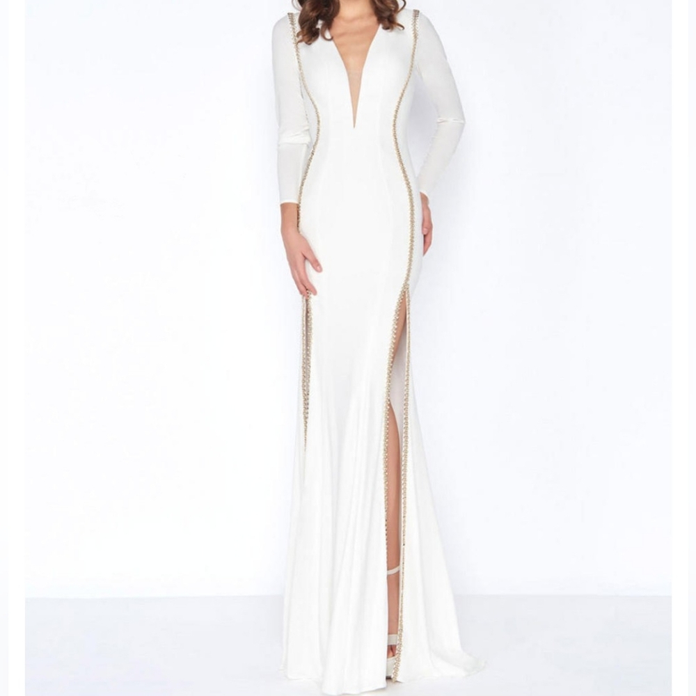 Mac Duggal White and Gold Long Sleeve Gown
